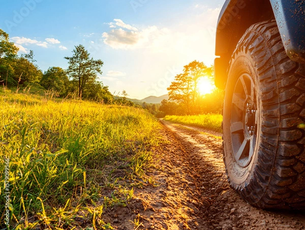 Obraz Rugged tire on dirt road at sunset, surrounded by lush greenery and mountains