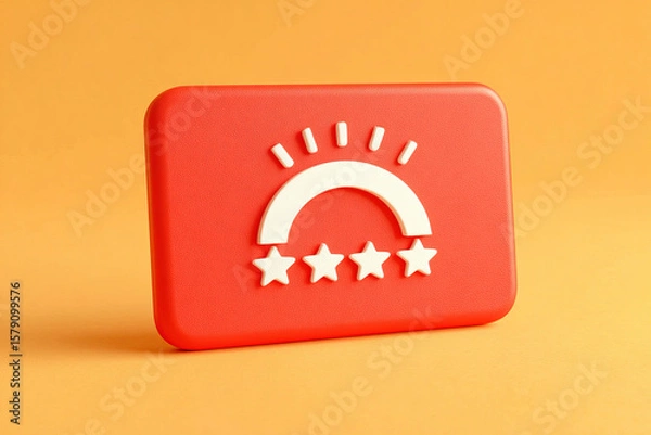 Obraz Red badge with rainbow and four stars, symbolizing quality and achievement