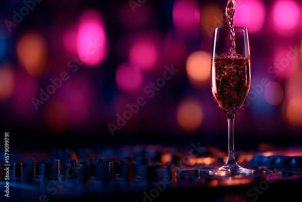 Obraz Champagne flowing into glass with vibrant neon lights in background creates festive atmosphere