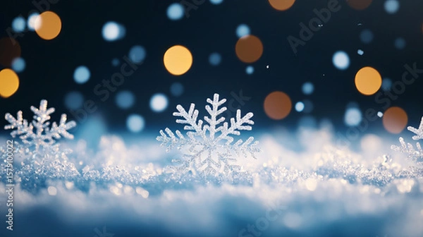 Obraz Sparkling snowflakes glisten winter surface, creating magical atmosphere with soft bokeh lights