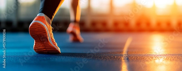 Obraz Running shoes on track during sunset, showcasing movement and energy