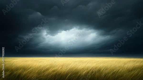 Obraz Golden wheat field under dark stormy clouds creates dramatic atmosphere