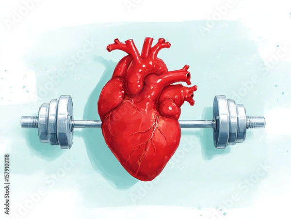 Obraz Heart symbolizing fitness and health, balanced on dumbbell, represents strength and vitality