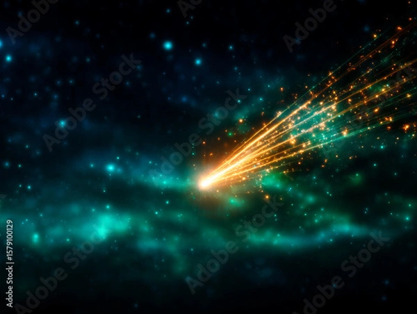 Obraz Comet streaks through starry sky, leaving trail of glowing particles and light