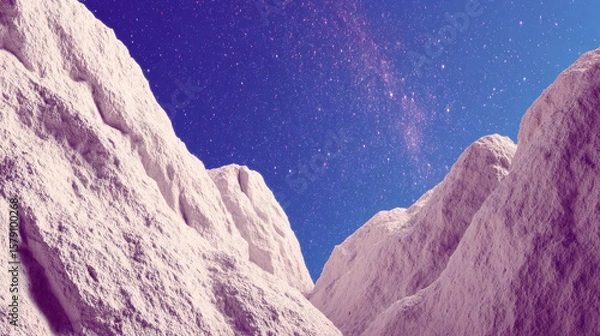 Obraz Vibrant star clusters illuminate surreal landscape of rocky mountains under cosmic sky