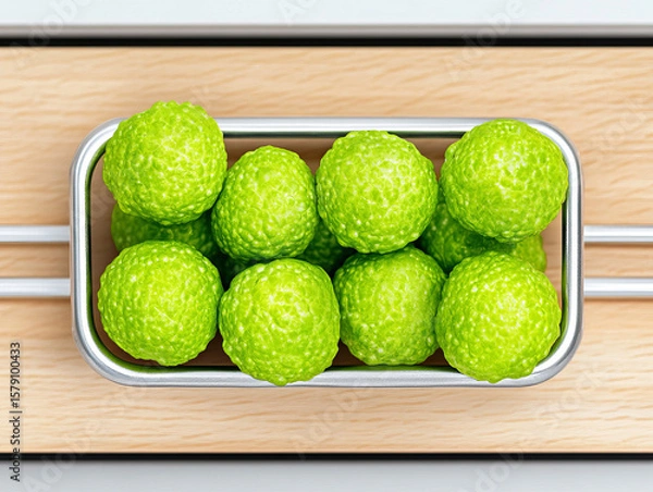 Obraz Fresh green golf balls arranged neatly in metal container on wooden surface