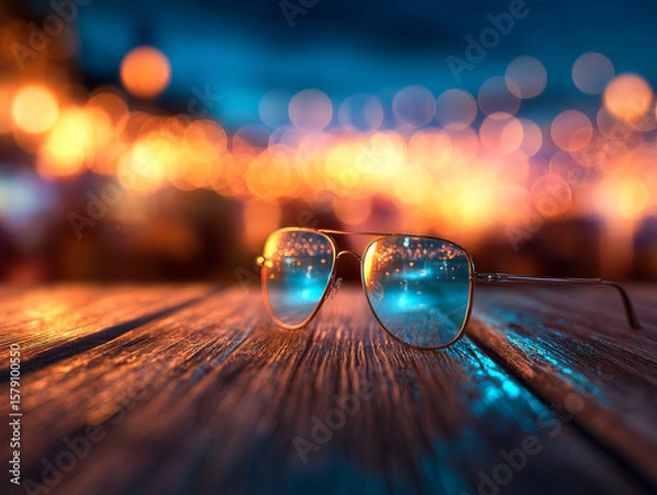 Obraz Glasses reflecting vibrant nightlife with colorful bokeh lights create captivating scene