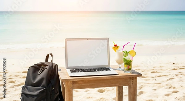 Obraz Laptop wooden table beach with tropical drinks and backpack nearby, evoking relaxed work