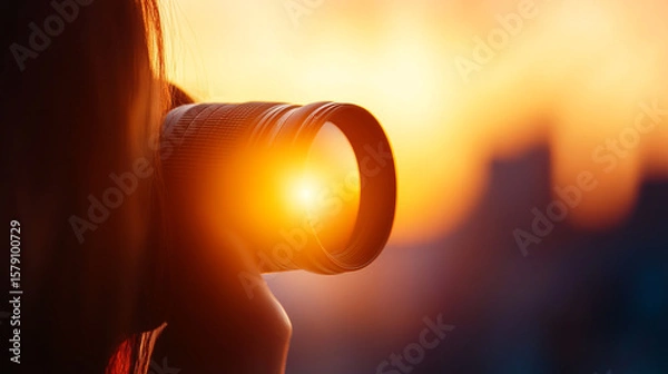Obraz Capturing sunset moments with camera lens, creating warm glow