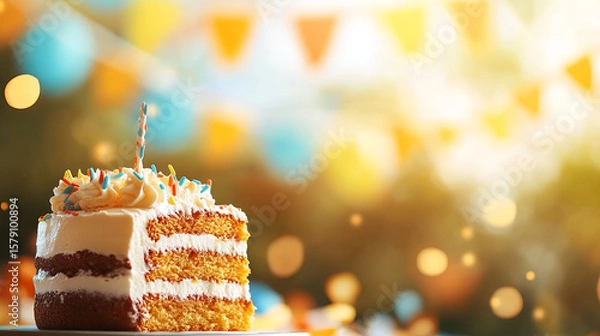 Obraz Delicious cake slice with colorful frosting and festive decorations, perfect for celebrations
