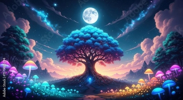 Fototapeta Magical Glowing Forest Scene Under A Luminous Full Moon