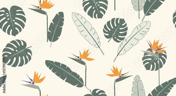 Fototapeta Stylized Tropical Pattern with Monstera Leaves and Bird of Paradise Flowers.