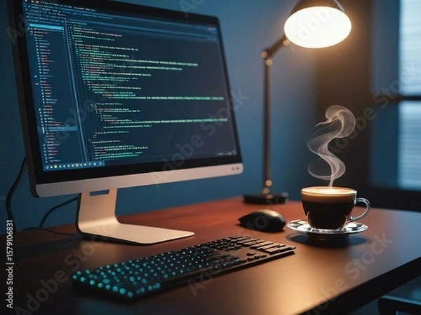 Fototapeta computer and coffee