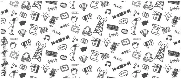 Fototapeta podcast broadcast doodle seamless pattern hand drawing icon sketch drawn