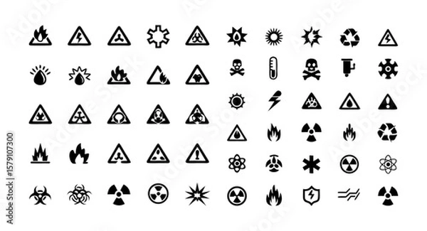Fototapeta Industrial Safety Label Glyph Icon Set – Black Silhouette Vector Pictograms of High Voltage, Flammable, Explosive, Toxic, Corrosive, Radioactive, Laser Hazard, and Magnetic Warnings

