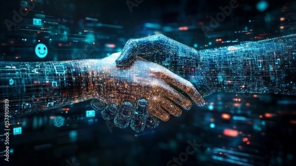 Fototapeta A digital handshake between a human and a robotic hand symbolizes collaboration and trust in advanced technology and AI integration.