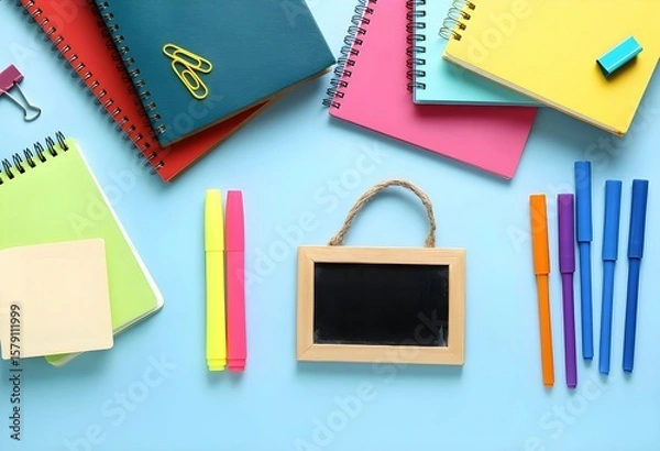 Fototapeta Modern classroom background with stationery essentials, books and supplies ready for the first day of school. Back to school composition with colorful stationery on a desk in front of a chalkboard. 