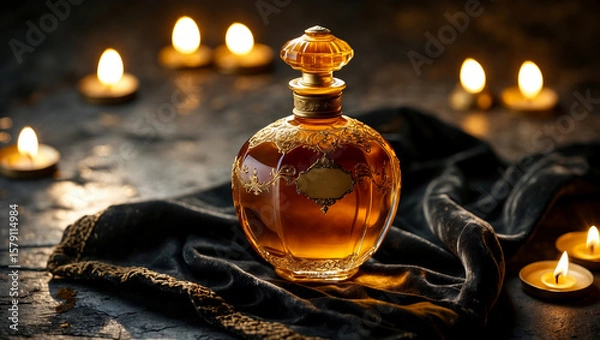 Fototapeta A delicate ornate vintage perfume bottle resting on luxurious black fabric with a blurred spa candle background.
