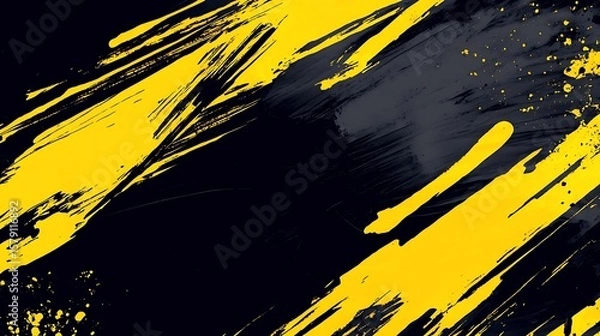 Fototapeta Bold yellow brush strokes dynamically contrast with a sleek black backdrop, creating impact