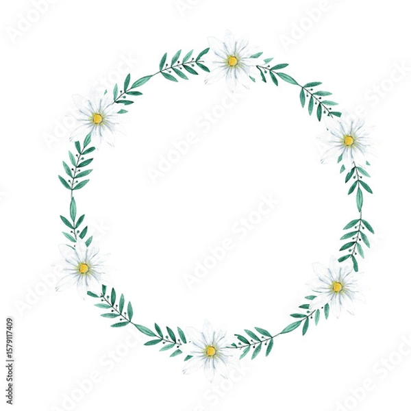 Obraz Elegant floral wreath with white flowers, green leaves for decorative designs. Template for first communion, baptism, wedding, birthday greeting cards, invitation, save the date. Copy space. Isolated