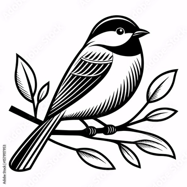 Fototapeta Black and white illustration of a chickadee perched on a branch with leaves bird