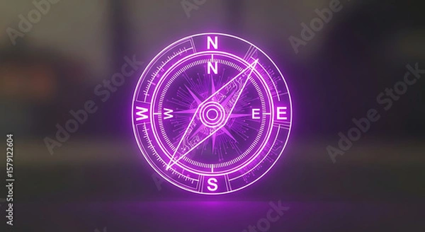 Fototapeta Futuristic Purple Glowing Compass with Circuit Board Design on White Background