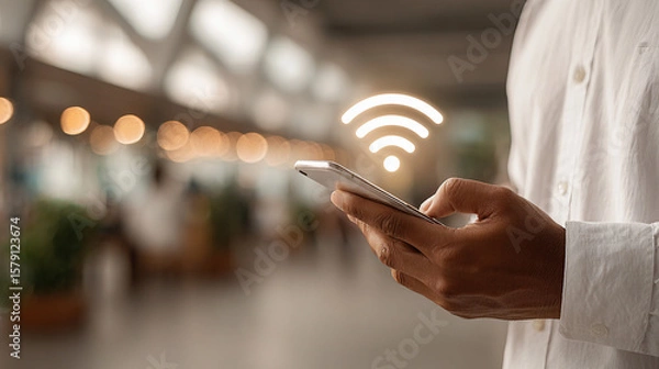 Obraz Man Connecting to Public Wi-Fi on Smartphone in Modern Airport or Station. Ideal for concepts related to travel technology, mobile data, seamless internet, or working on the go.
