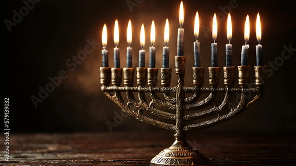 Fototapeta Lit menorah with nine candles in a dim shadowy setting