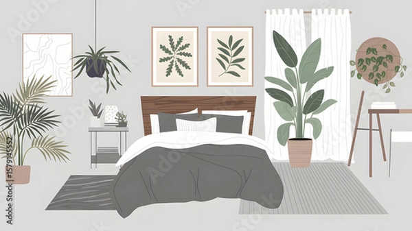 Fototapeta Modern minimalist bedroom interior with plants and abstract art for a serene and stylish living space