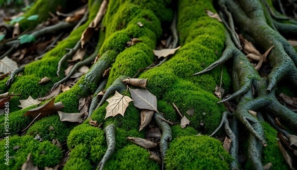 Fototapeta Close-Up of Moss, Leaves, and Tree Roots – Natural Forest Floor Texture