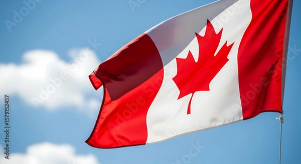 Obraz Waving Canadian Flag Against Blue Sky with Clouds, Symbol of Canada