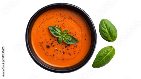 Obraz Fresh Tomato Soup with Basil and Black Pepper on Transparent Background
