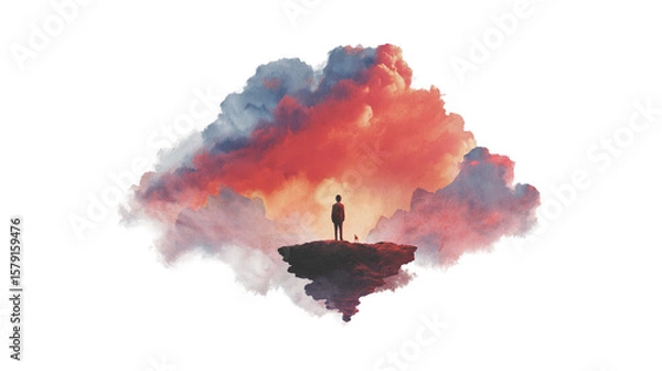 Fototapeta Person Standing on Floating Island Surrounded by Vibrant Clouds - Digital Art on Transparent Background