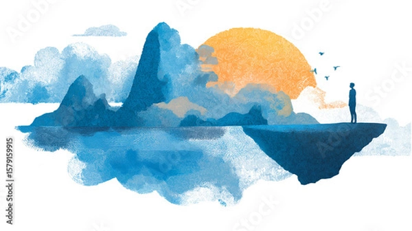 Fototapeta Surreal Landscape with a Person and Floating Island in Watercolor Style on Transparent Background