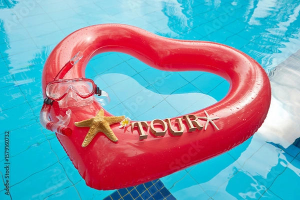 Fototapeta heart shaped float ,snorkeling, and summer items at the resort pool