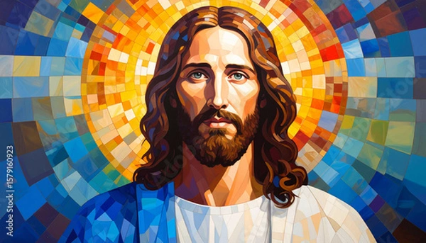 Fototapeta Mosaic style oil painting of Jesus Christ with Byzantine inspiration. Radiant golden background and intricate details create a powerful spiritual image, ideal for Christian art, sacred spaces