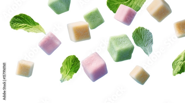 Obraz Colorful Candy Cubes with Fresh Green Mint Leaves, Isolated on Transparent Background