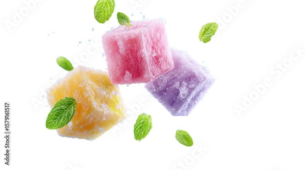 Obraz Colorful Frozen Fruit Cubes with Mint Leaves on Transparent Background