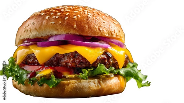 Fototapeta Cheeseburger with Onion and Lettuce on Sesame Bun - Close-up Shot on Transparent Background
