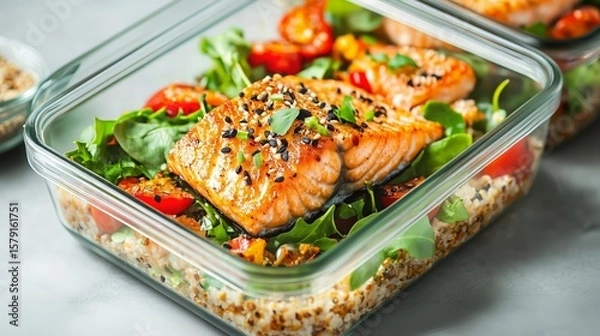 Fototapeta Grilled Salmon Fillet on Quinoa and Fresh Greens in Glass Meal Prep Container
