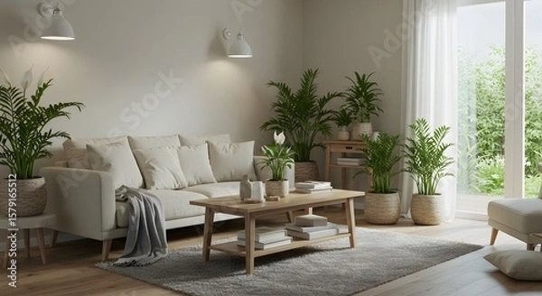 Obraz A bright and airy living room with comfortable furniture and potted plants.