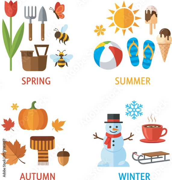Obraz Colorful illustrations representing the four seasons with associated objects and symbols.