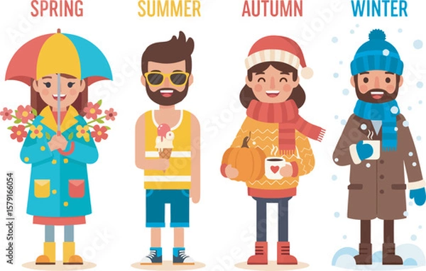 Obraz Four stylized characters representing the four seasons, each dressed and accessorized appropriately for spring, summer, autumn, and winter.