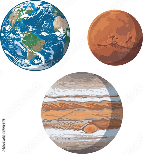 Obraz Earth, Mars, and Jupiter depicted as planets, showcasing their unique surface features and colors.