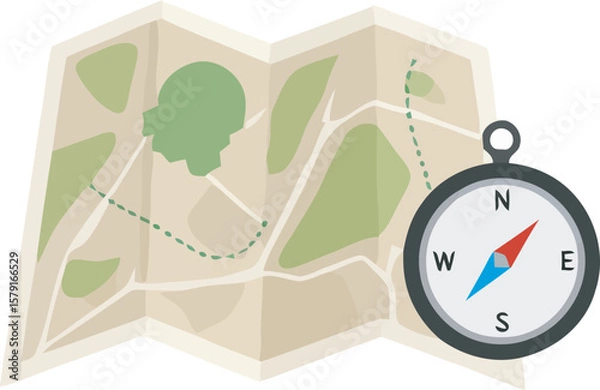 Obraz A folded map with a dotted path and a compass pointing the direction.