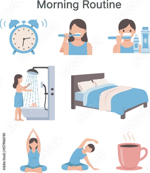 Obraz Illustrated depiction of a typical morning routine, showing various activities.