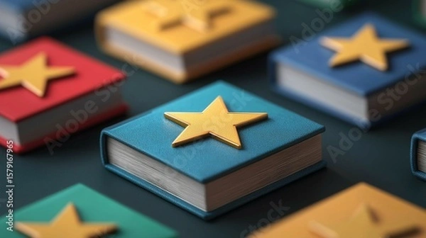 Fototapeta Colorful closed books with golden stars on their covers arranged on a surface, symbolizing achievement or rating.