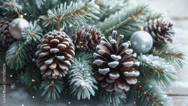 Fototapeta A close-up of a festive Christmas arrangement featuring frosted pine cones, silver ornaments, and evergreen branches with subtle twinkling lights and falling snowflakes, creating a serene 