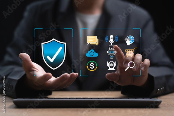 Fototapeta AI technologies and cybersecurity concept, Businessman be aware of safety system of Artificial Intelligence, Rules and regulations for the use of technology, Data, Financial, Security, Learning