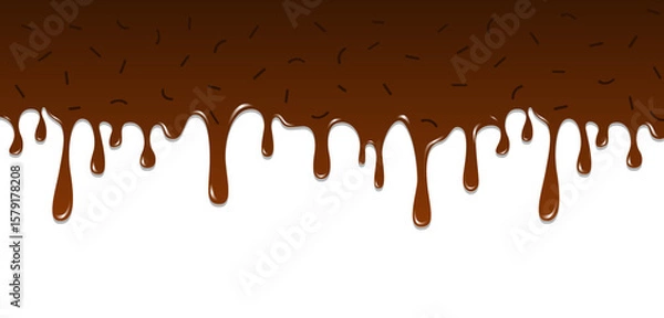 Fototapeta Realistic dripping brown chocolate with sprinkles illustration isolated on white background. World Chocolate Day celebration element